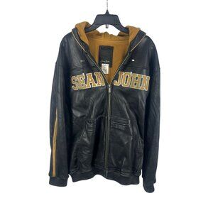 Sean John Leather Hoodie Jacket XL Black Brown Wool Lined Zip